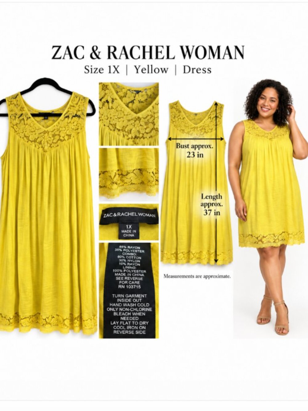 Zac and Rachel Woman Yellow Lace Yoke Sleeveless Dress Size 1X Shift Knee Length